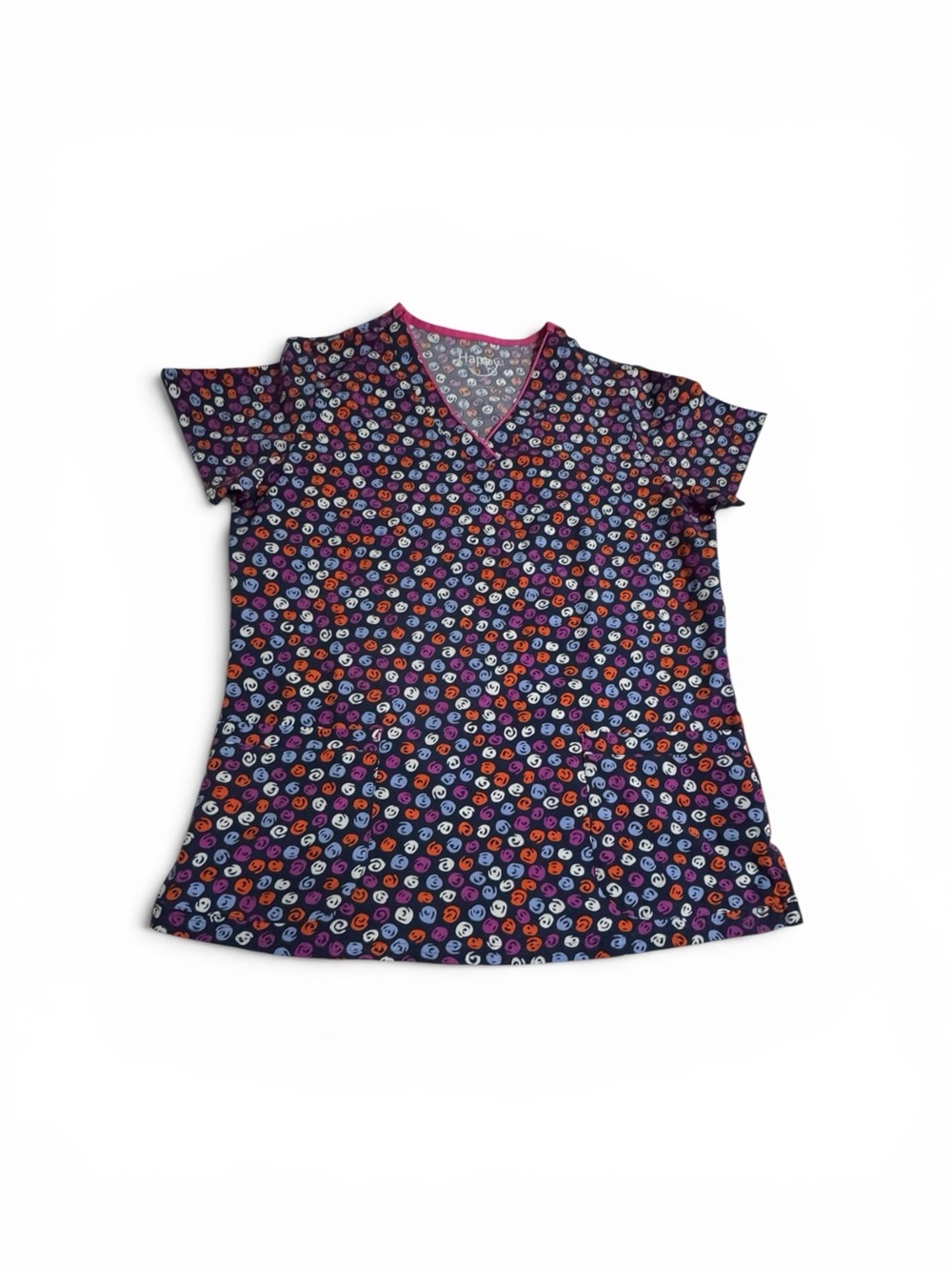 Happy Scrubs Smiley Print V-Neck Top - Navy/Purple/Pink M